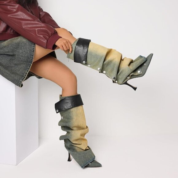 🆕Women Yellow Knee High Stiletto Pointed Toe High Heels Wide Calf Slouchy Boots - Picture 6 of 7